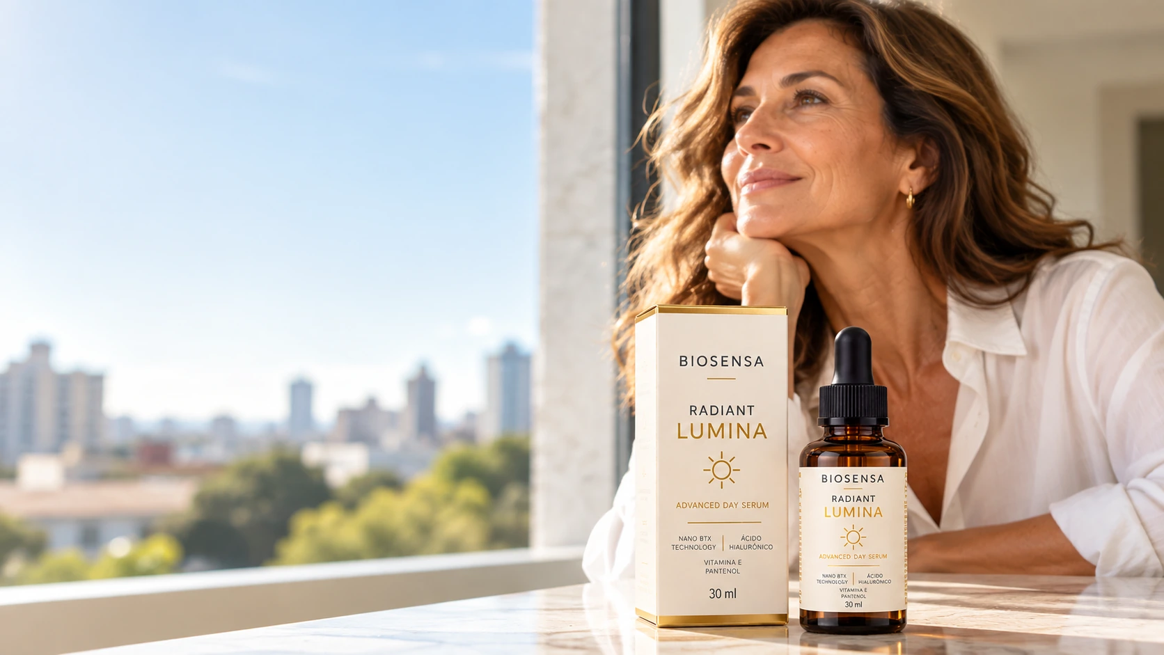 Cena editorial de cuidado matinal de uma mulher madura, com Radiant Lumina e sua embalagem