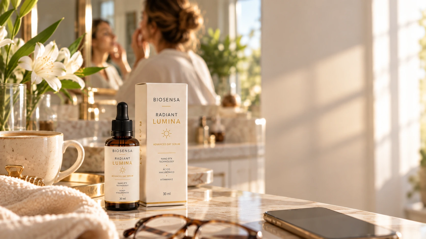 Radiant Lumina e sua embalagem original em uma bancada de rotina matinal