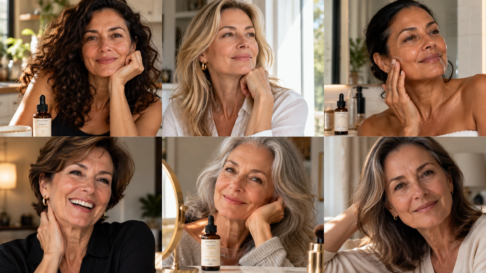 Mosaico editorial de mulheres maduras em diferentes rituais de autocuidado; não são depoimentos de clientes